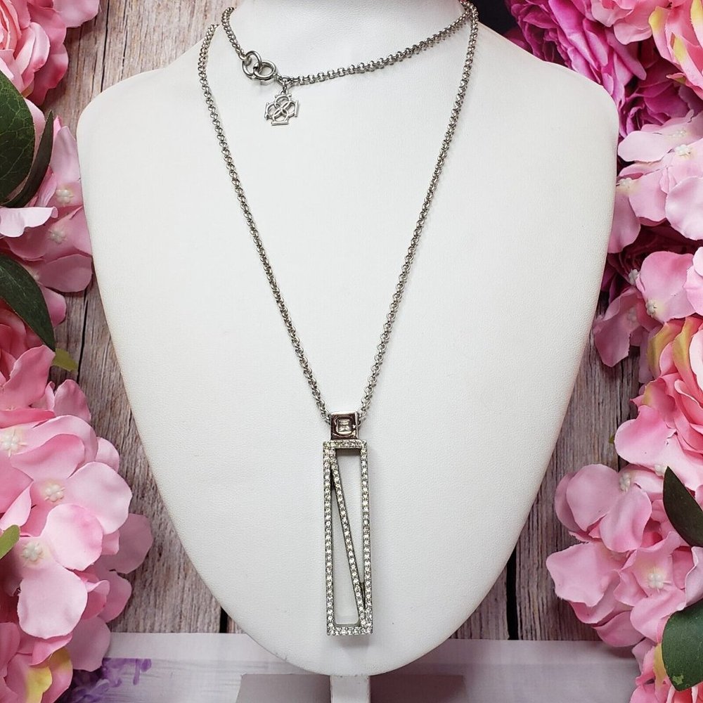 ANN TAYLOR Clear Rhinestone Bar Pendant Silver Tone Chain Necklace